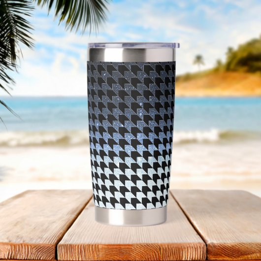 青いグリッターと黒いパタ千鳥格子のーン 保温保冷タンブラー (ビーチ)