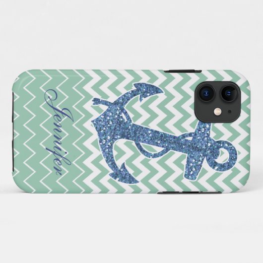 青いグリッターのプリントのいかりの航海ので真新しい緑の箱 Case-Mate iPhoneケース (裏面(横))