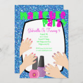 青いグリッターのマニキュアのスパの誕生会 招待状 (正面/裏面)
