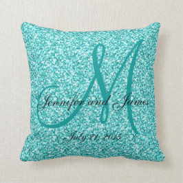 青いグリッターのモノグラムのな結婚式の記念品の枕 クッション