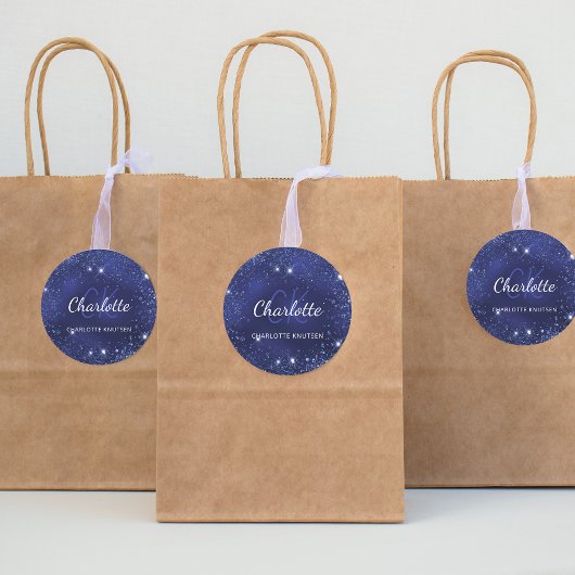 青いグリッターの塵のモノグラム名前 ラウンドシール