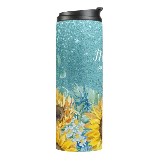 青いグリッターの水色ひまわり花花嫁名 タンブラー (回転左)