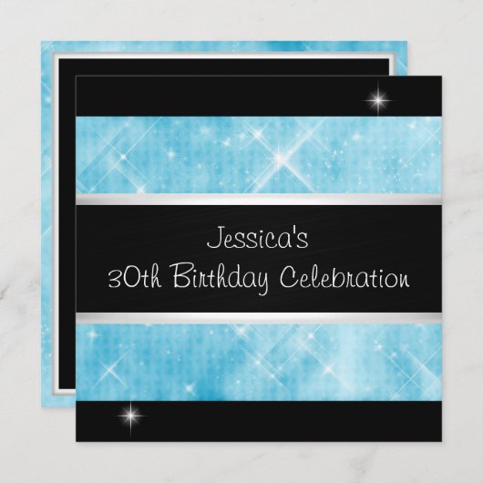 青いグリッターシルバーライト黒の30歳誕生日 招待状 (正面/裏面)