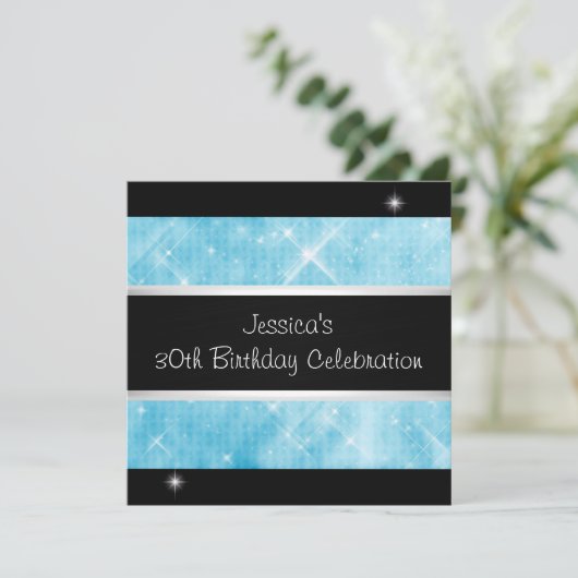 青いグリッターシルバーライト黒の30歳誕生日 招待状 (スタンド正面)