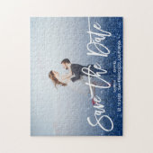 青いグリッタースクリプト写真の結婚式の日付を保存 ジグソーパズル (縦)