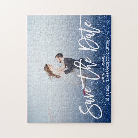青いグリッタースクリプト写真の結婚式の日付を保存 ジグソーパズル (縦)