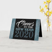 青いグリッターストライプのメッセージ、年賀状 カード (黄色い花)