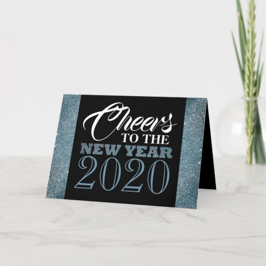 青いグリッターストライプのメッセージ、年賀状 カード (正面)