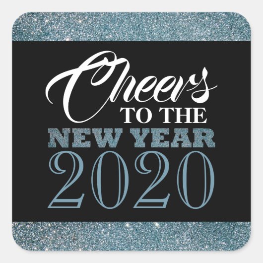 青いグリッターストライプの新年 スクエアシール (正面)