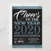 青いグリッターストライプの新年 招待状 (正面)