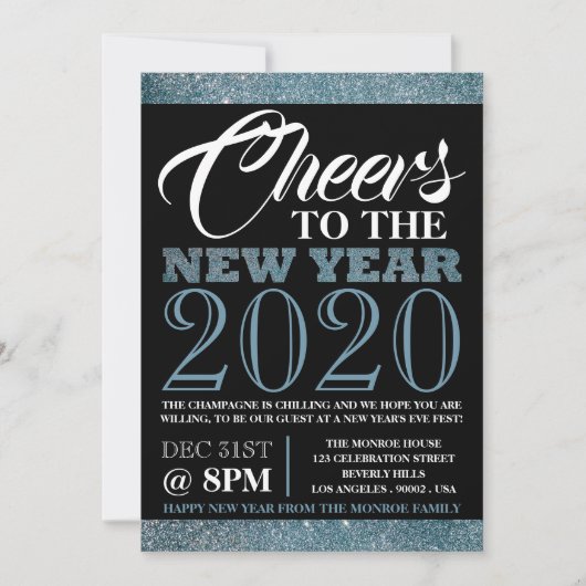 青いグリッターストライプの新年 招待状 (正面)