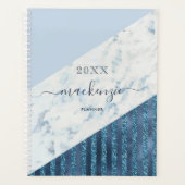 青いグリッターストライプの2025スクリプト名 プランナー手帳 (正面)