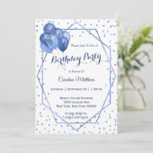 青いグリッターバルーンのフレーム誕生日 招待状 (スタンド正面)