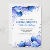 青いグリッターバルーン誕生日 招待状 (正面)