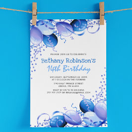 青いグリッターバルーン誕生日 招待状