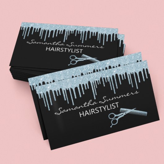 青いグリッタールックヘアスタイリストブラシ 名刺