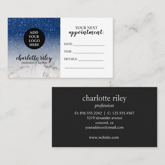 青いグリッター白い大理石カーシブあなたのロゴを追加 名刺 (正面/裏面)