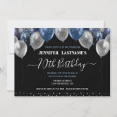 青いグリッター風船 70歳の誕生日パーティー 招待状 (正面)