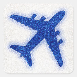青いグリッター飛行機の丸いステッカーラベル スクエアシール