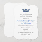 青いグリッター クラウン ロイヤル 誕生日 招待状 (正面/裏面)