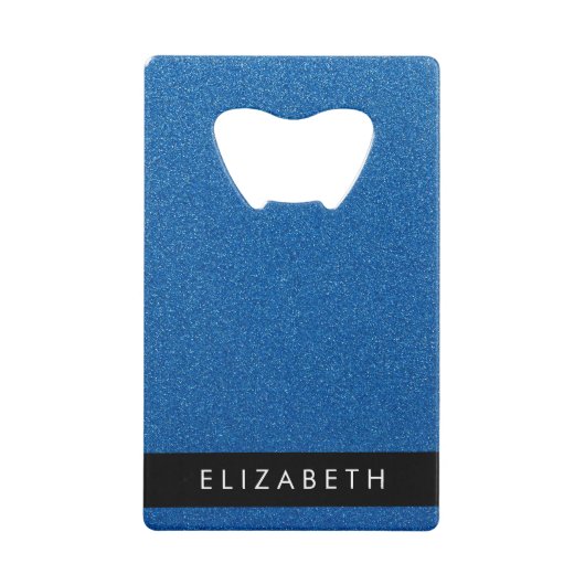 青いグリッター、グリッターの背景、名前 クレジットカード栓抜き (正面)