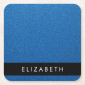 青いグリッター、グリッターの背景、名前 スクエアペーパーコースター (正面)