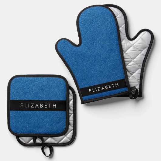 青いグリッター、グリッターの背景、名前 鍋つかみ&鍋敷きセット (正面/裏面)