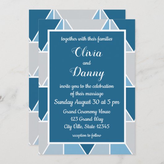 青いグレーのジオメトモダンリ結婚三角形 招待状 (正面/裏面)