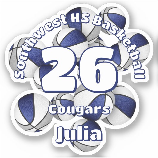 青いグレーのチームカラーバスケットの子供の名前 シール (正面)