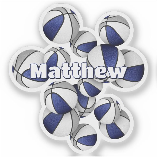 青いグレーのチームカラーバスケットボールの子供の名前 シール (正面)