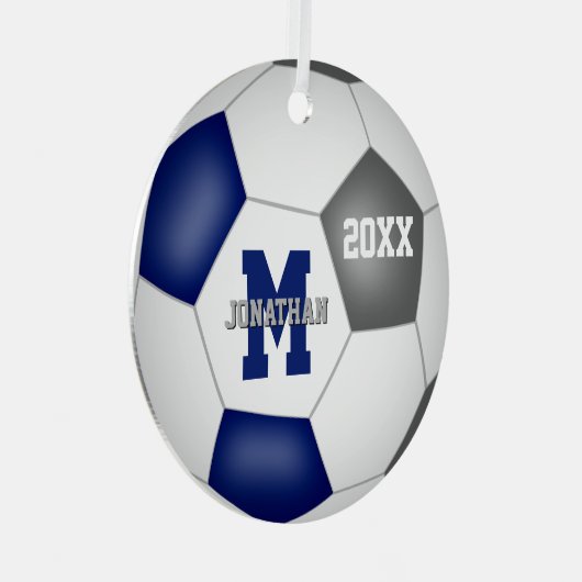 青いグレーのチームカラーボーイズ女の子サッカー記念 メタルオーナメント (正面右)