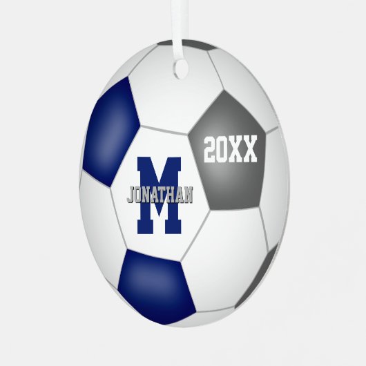 青いグレーのチームカラーボーイズ女の子サッカー記念 メタルオーナメント (正面左)