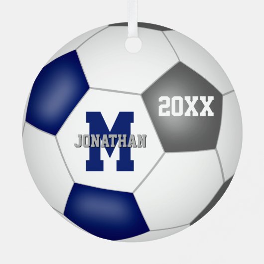 青いグレーのチームカラーボーイズ女の子サッカー記念 メタルオーナメント (裏面)
