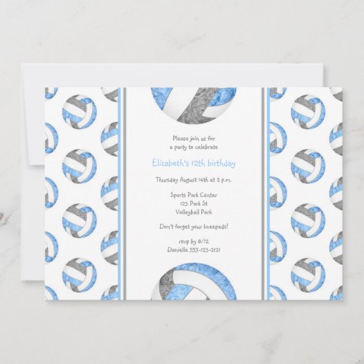 青いグレーの女の子かわいいバレーボールの誕生日パーティー 招待状 (正面)