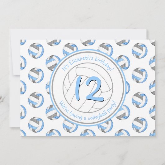 青いグレーの女の子かわいいバレーボールの誕生日パーティー 招待状 (裏面)