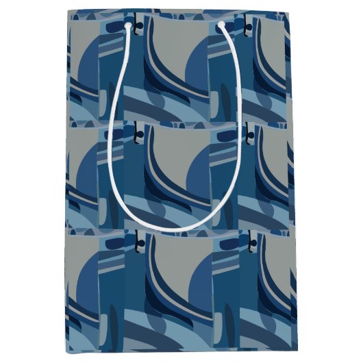 青いグレーの幾何学的抽象芸術パターン ミディアムペーパーバッグ (正面)