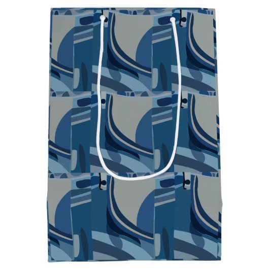 青いグレーの幾何学的抽象芸術パターン ミディアムペーパーバッグ (裏面)