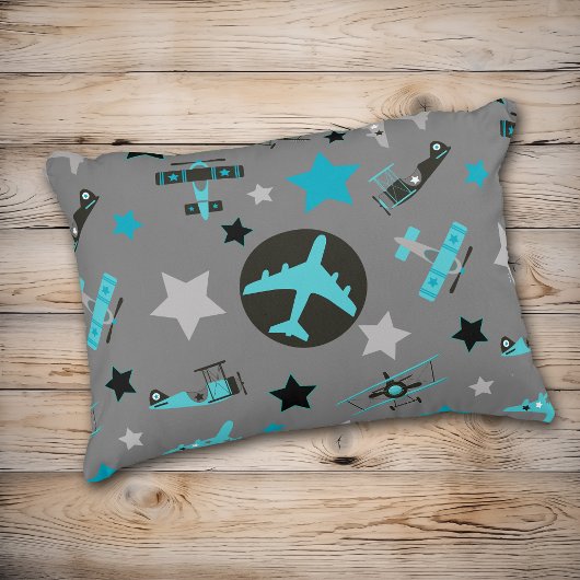 青いグレーの飛行機パターン アクセントクッション