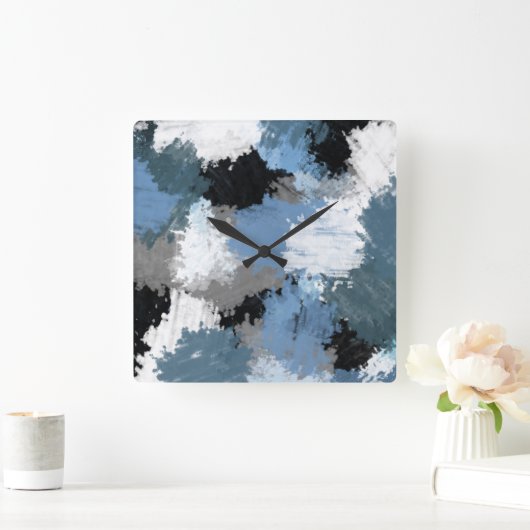 青いグレーの黒い抽象芸術 スクエア壁時計 (ホーム)
