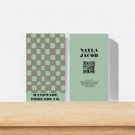 青いグレーチェッカーボードパターンQRコードハンドメイド 名刺