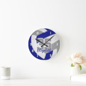 青いグレーチームカラープレーヤー名バレーボール ラウンド壁時計 (ホーム)