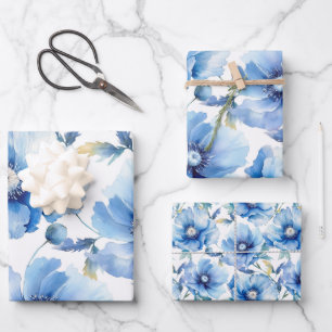 青いケシの花柄 ラッピングペーパーシート