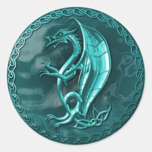 青いケルト族のドラゴンのステッカー ラウンドシール
