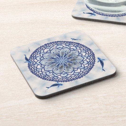 青いコイのはす曼荼羅の正方形のコルクのコースター コースター (左側)