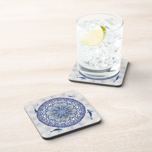 青いコイのはす曼荼羅の正方形のコルクのコースター コースター (右側)