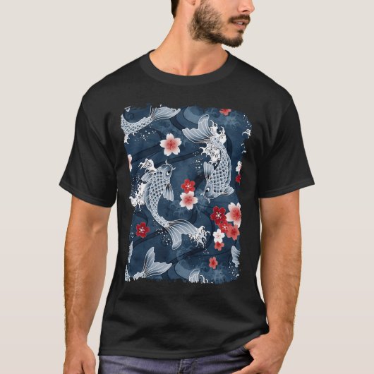 青いコイ桜の花 Tシャツ (正面)