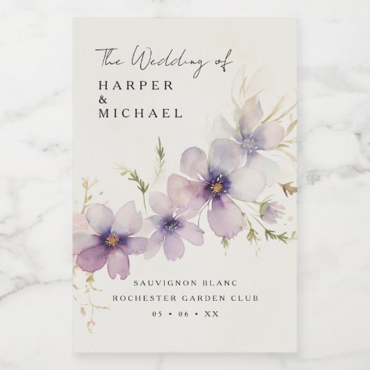 青いコスモスのパーソナライズされた花結婚の ワインラベル (シングルラベル)