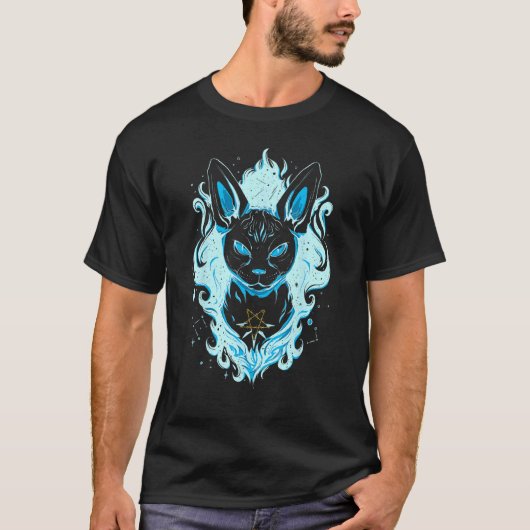 青いコズミック・スフィンクス猫 Tシャツ (正面)