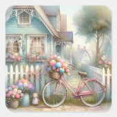 青いコテージの門のピンクの花の自転車 スクエアシール (正面)