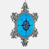 青いコンパス面図 スノーフレークピューターオーナメント (左)